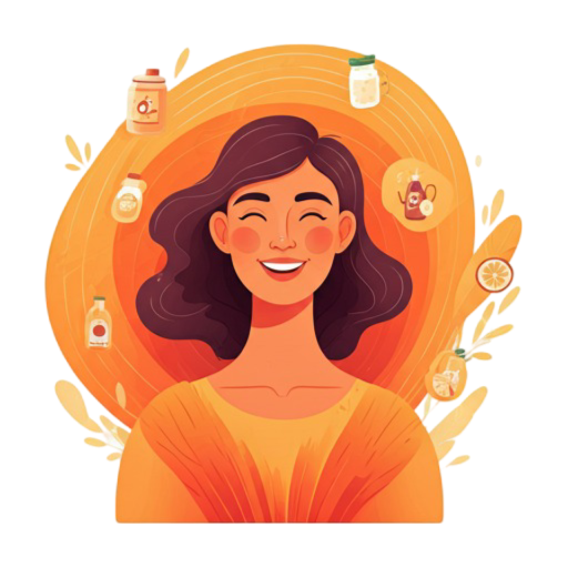a woman with a smile on her face with probiotic drinks around her illustrating their benefits