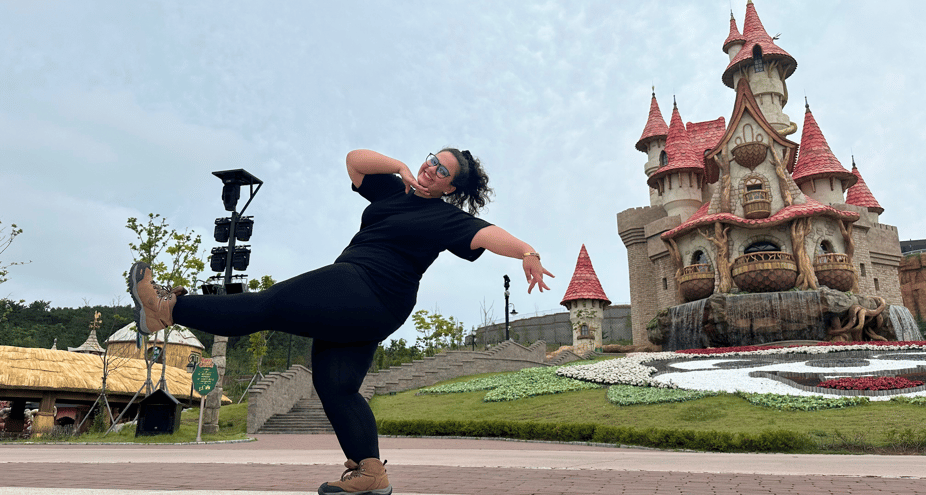 Trisha Doing a Funny Pose in front of the Lotte Castle in Lotte World Adventure Park in Busan