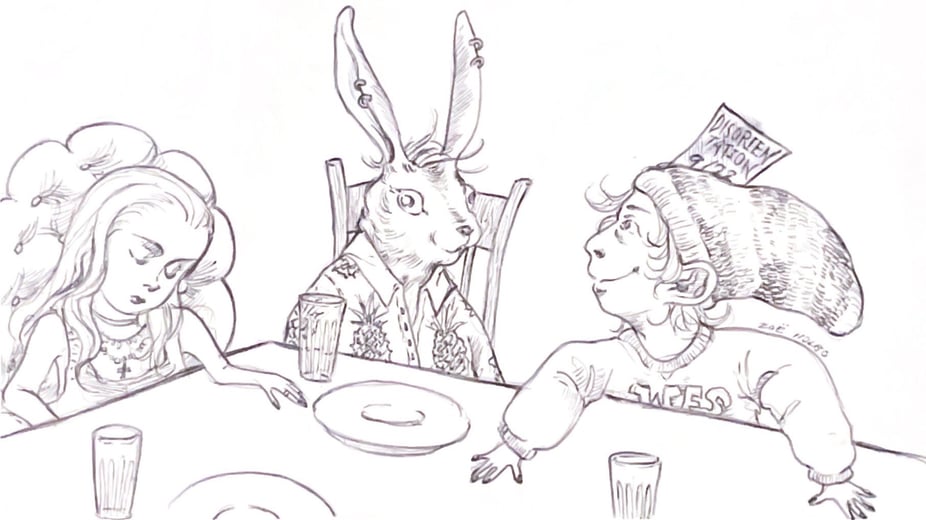 A sleepy girl, a rabbit, and a young boy wearing a long beanie hat are sitting together at a table