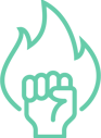 Flaming fist icon symbolizing bold, enthusiastic commitment to boundary-pushing creativity.