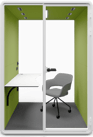 Type T-03: Two-person pod with wide desk and office chair, green walls and ceiling lighting