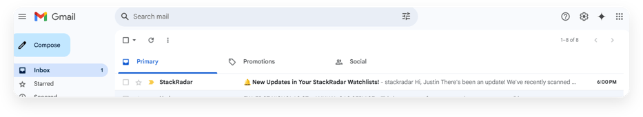 Email inbox with a real-time StackRadar notification alerting technology changes in the user's watch