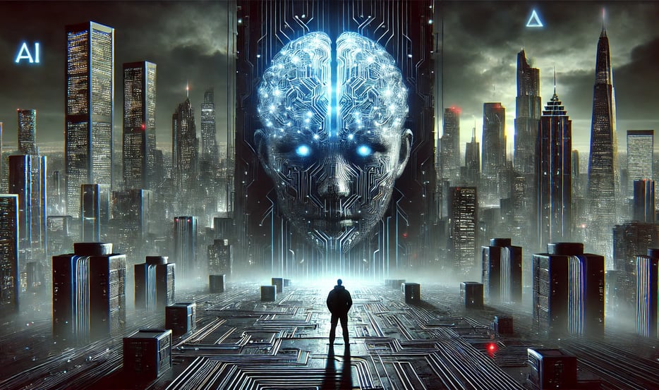 A dark, futuristic cityscape with a towering AI brain made of circuitry, symbolizing the risks of ar