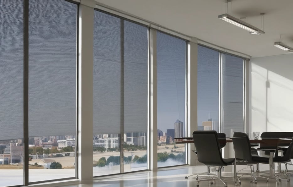 Vertical blinds with an interplay of light and shadow creating a striped pattern on the surfaces. The scene is minimalist, with the focus on the structure of the blinds and the contrasting dark and light areas.