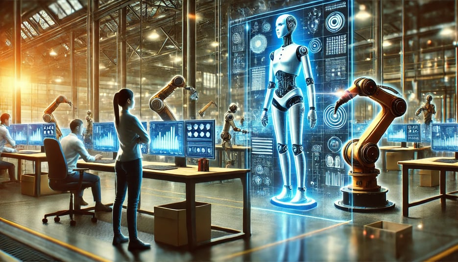 A futuristic scene illustrating human-robot collaboration in the workplace, with a human worker at a