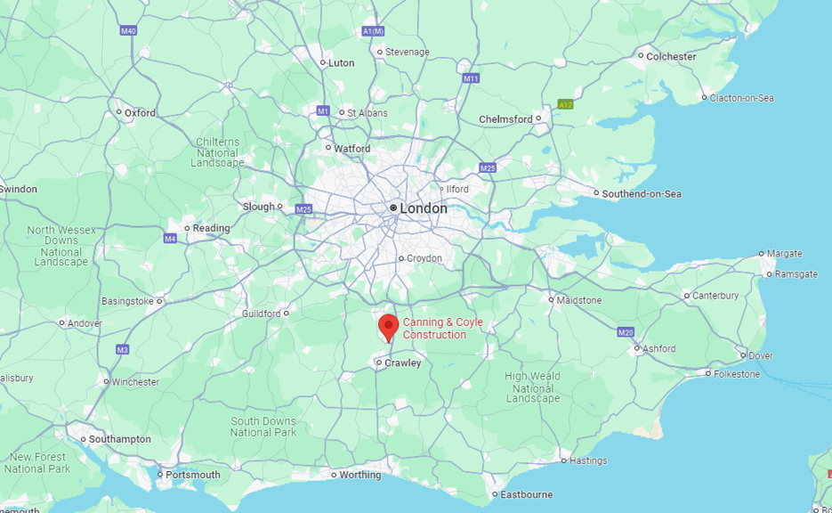 Google map location of canning-coyle construction relative to the south east of england