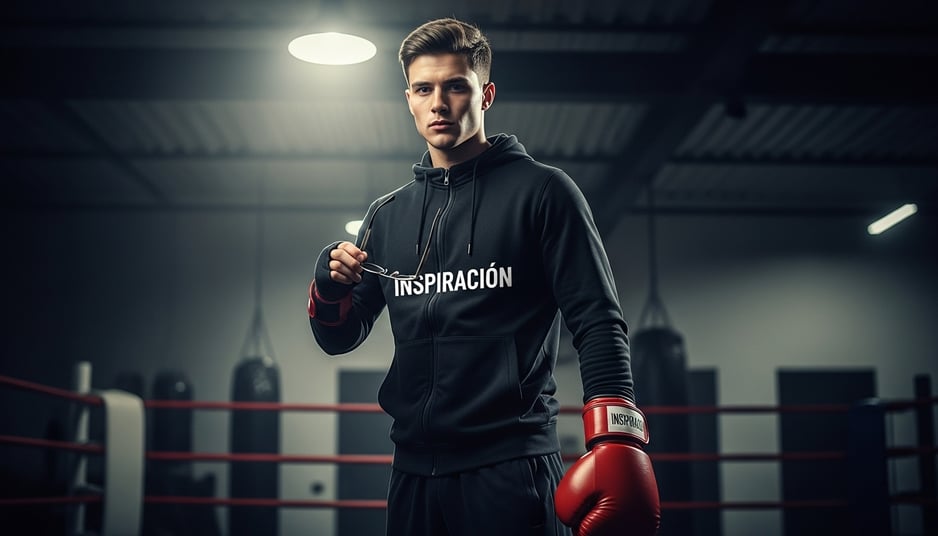 a man in a black jacket and red boxing gloves