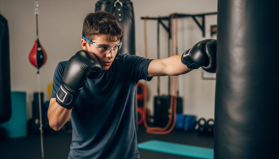 a man in a black shirt and glasses is boxing gloves