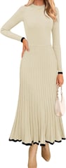 ZESICA Women's Long Sleeve Sweater Dress Fall Crewneck Ribbed Knit Pleated A-Line Maxi Wedding Guest