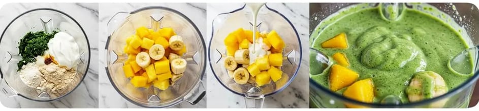 Step-by-step images showing how to make a delicious Tropical Protein Smoothie.