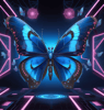 a blue butterfly butterfly in a neon - lit room