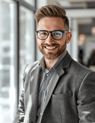 a man in a suit and glasses smiling