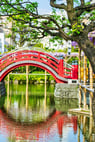 a red bridge in the kameido temple with purple flowers and a red bridge