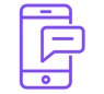 Vector icon showing a mobile phone with a speech bubble, outlined in purple and white, symbolizing S