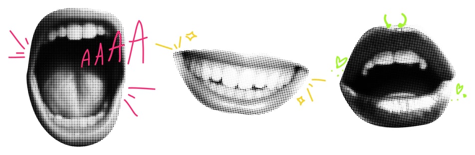 3 Grafikbilder von Mund die lachen und schreien