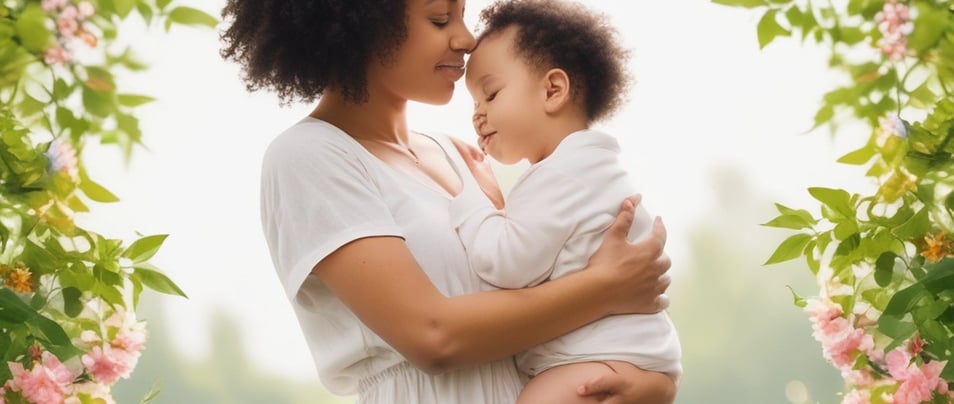 A woman is holding a smiling baby in her arms. The mother is wearing a black and pink outfit, and the baby has on a light purple outfit with a headband. They appear happy and relaxed, standing outside with greenery and stairs in the background.