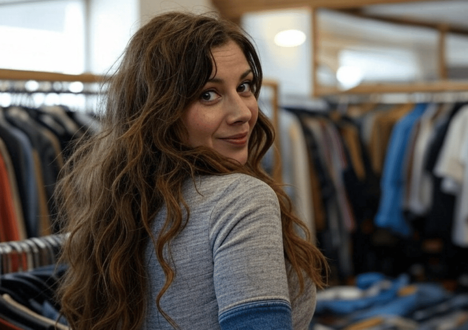 femme dans une jolie friperie pour la journée mondiale des vêtements d'occasion