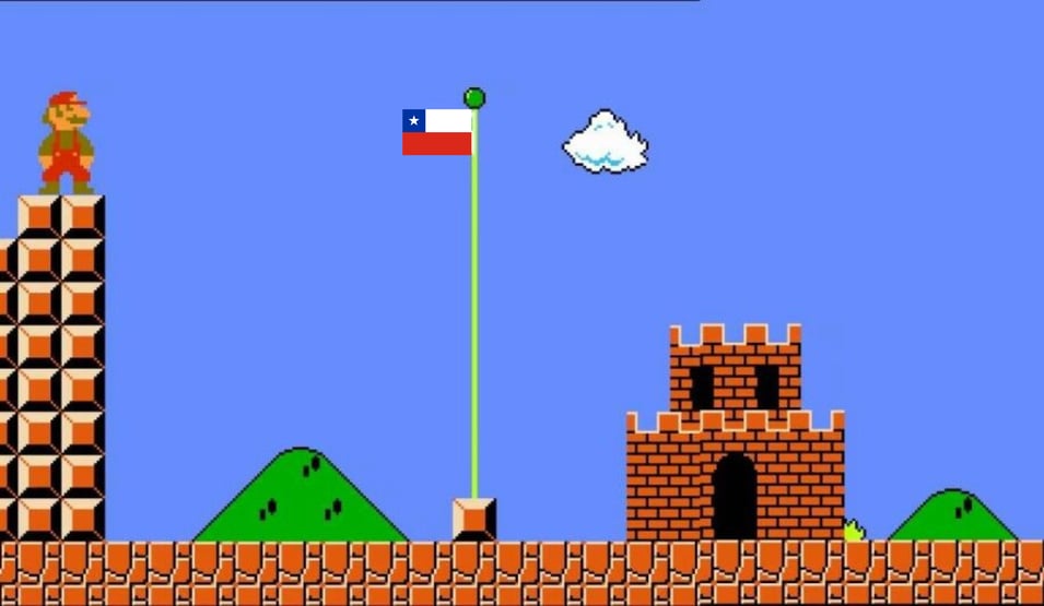 Imagen del primer nivel de mario bros al borde de tomar la bandera. La bandera es de Chile
