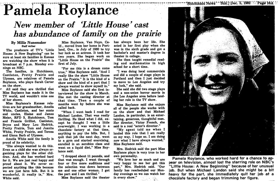 Pamela Roylance: New Member of 'Little House' Cast Has Abundance of Family on Prairie 1982