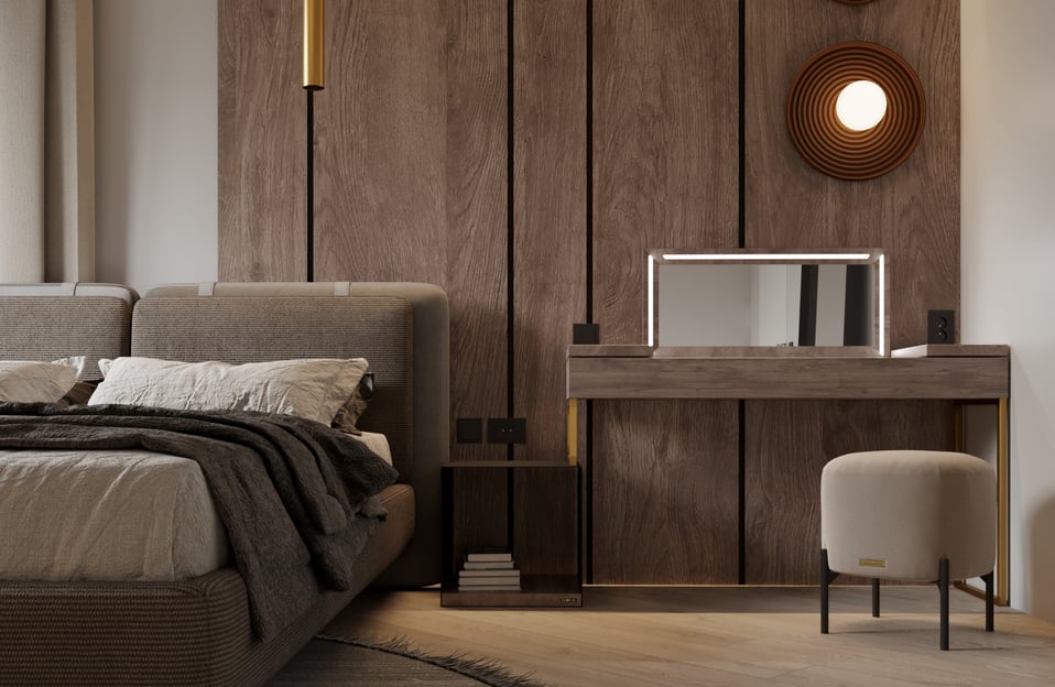 a bedroom with a bed and a desk