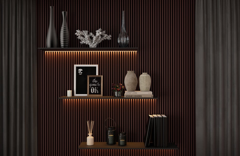 a shelf with vases and vases on it
