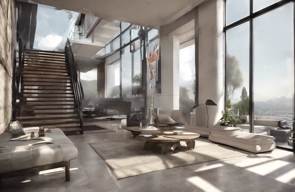 a living room with a staircase leading to a staircase