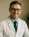 Retrato de um médico sorridente com jaleco e óculos, em um consultório moderno com notebook ao fundo
