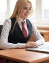 a woman in a school uniform is smiling and holding a laptop