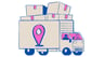 Blue and pink delivery truck carrying boxes, with a location pin icon representing logistics and tra