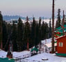 a house with a red roof and a green roof with snow mountains and trees