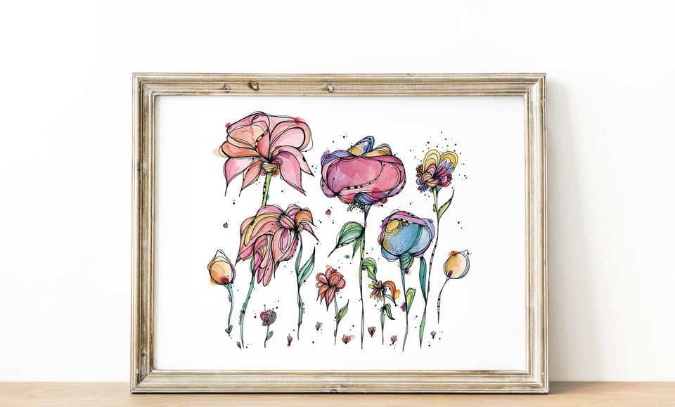 peinture à l'encre et aquarelle de fleurs surréalistes