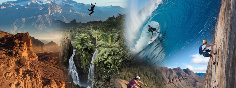 A collage of adventure travel scenes showcasing extreme sports and outdoor activities