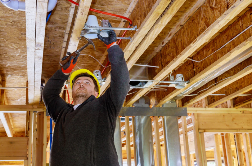 a man in a hard hat and a helmet on installing light fixture in Squamish