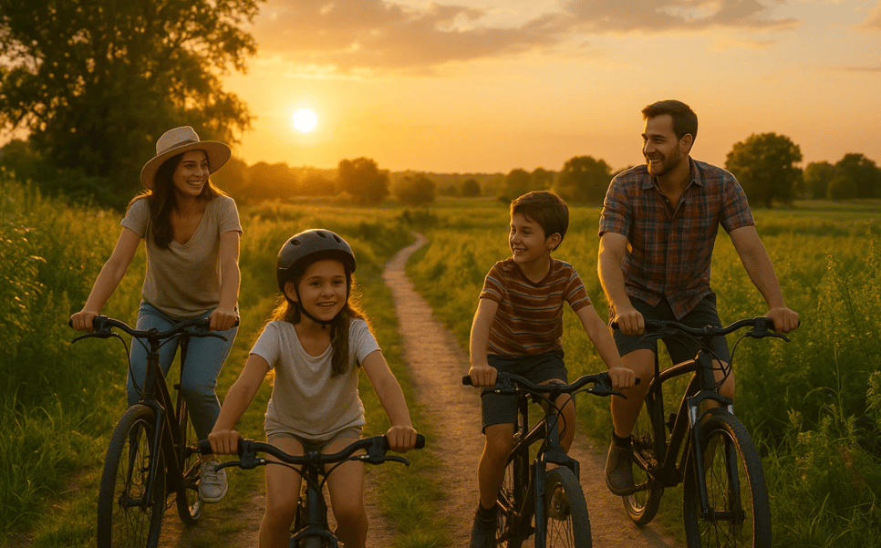 Famille à vélo sous un soleil couchant - Journée mondiale du vélo.