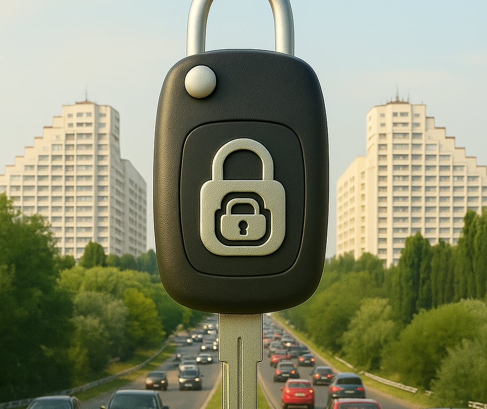 Chei auto în prim plan, simbol al serviciului mobil în zone urbane din Moldova