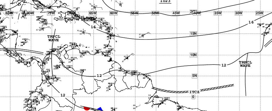NHC TAFB surface analysis map showing two tropical waves 17 May 2022. (Image credit: NHC/NOAA)