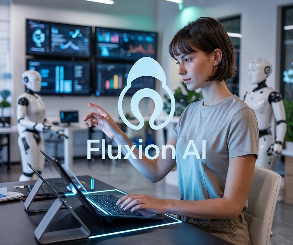 Futuristic business workspace with AI robots and humans collaborating, digital holograms, analytics dashboards, and automatio