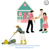 A man mows the lawn while two people shake hands in front of a house.