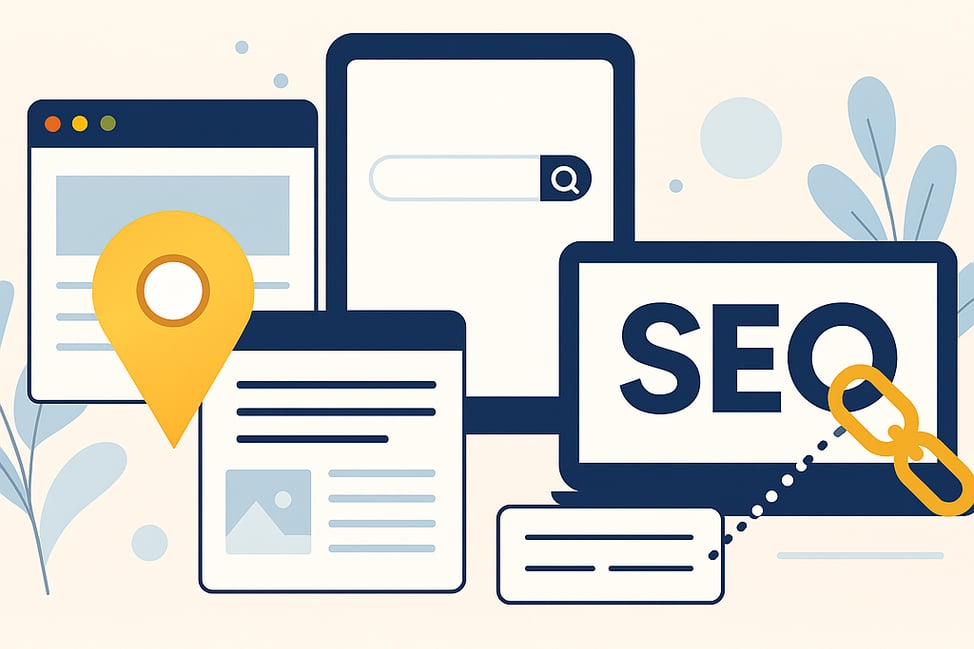 Flat-style illustration showing interconnected digital devices with SEO icons, search bars, map pins