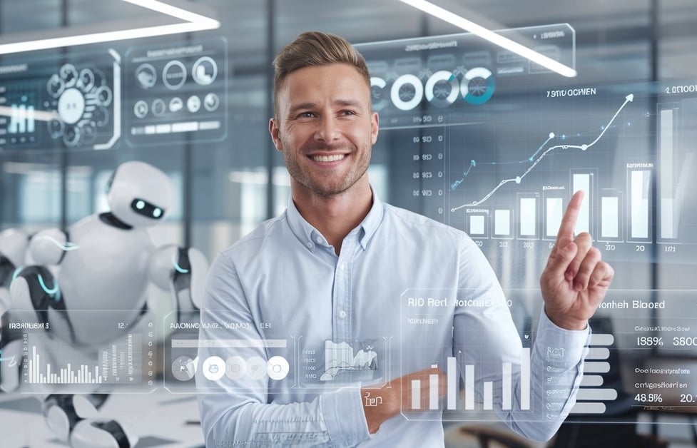 A confident business owner smiling in a modern office, pointing at a screen displaying growth charts and ROI dashboards, with