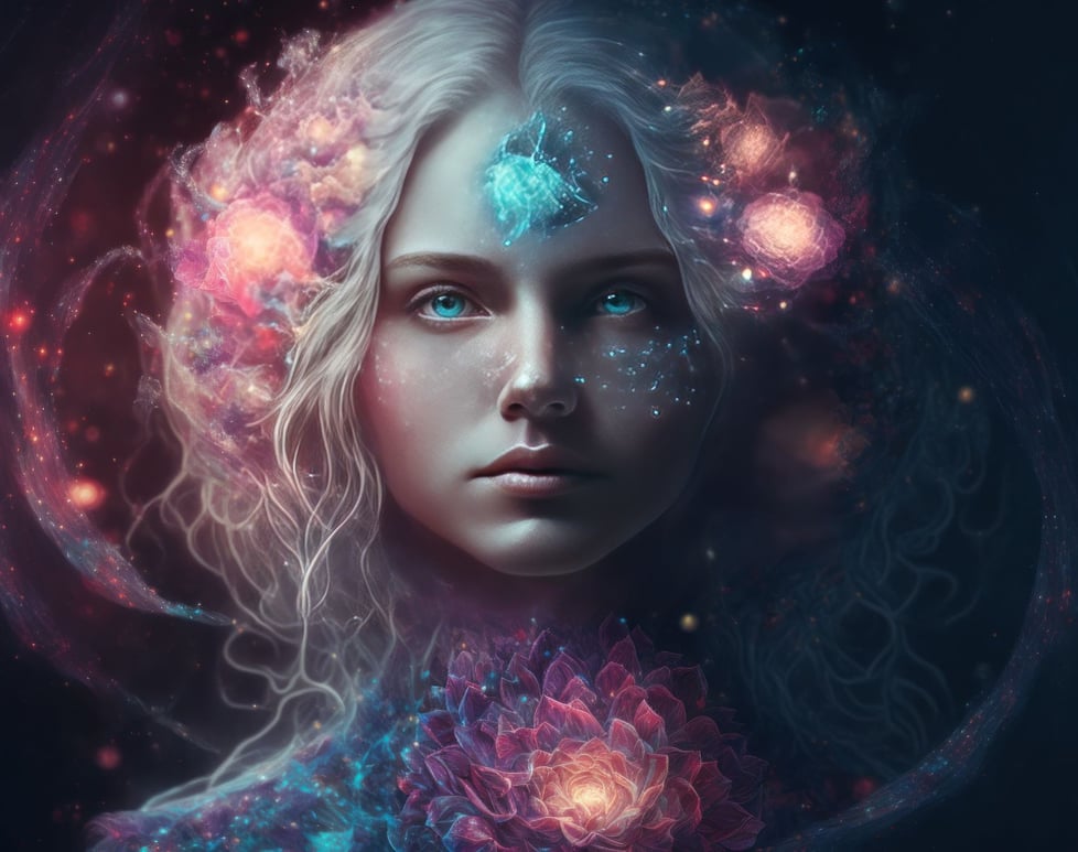 ethereal young woman seated in meditation, with a radiant starburst at the center of her mind 