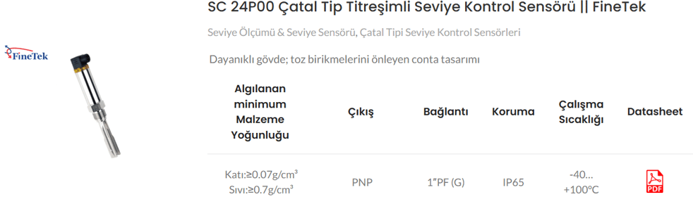 Finetek SC 24P00 Çatal Tip Titreşimli Seviye Sensörü