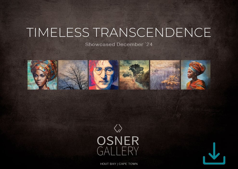 Timeless Transcendence – Osner Gallery exhibition brochure cover featuring African art, photography, and original paintings