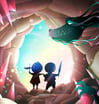 a couple of people standing in front of a dragon in a cave