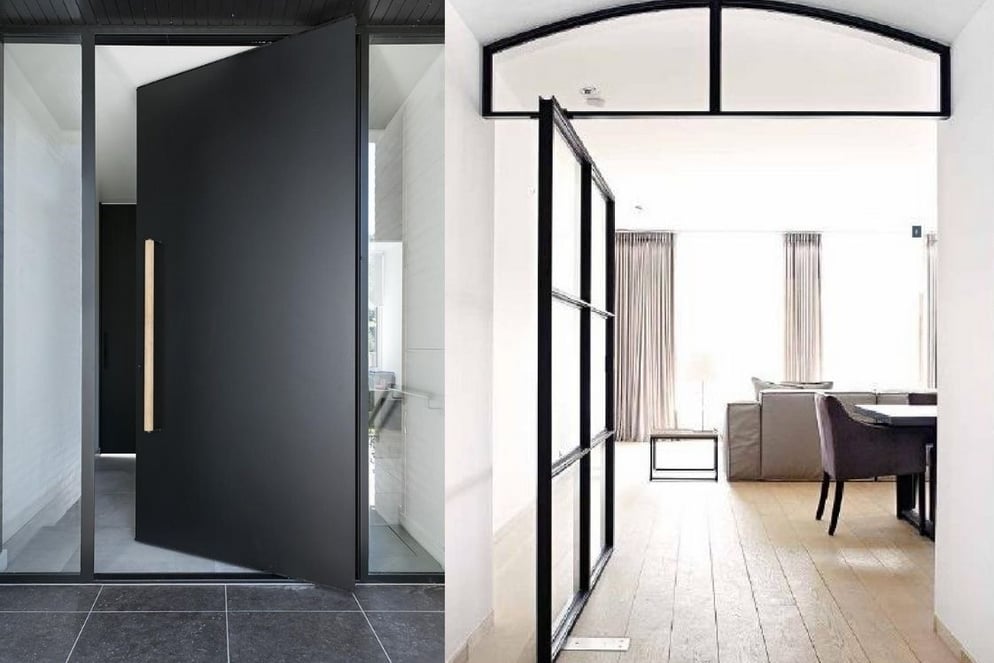  Puerta corredera de cristal con estructura metálica en arco, integrando entrada con diseño contemporáneo y elegante