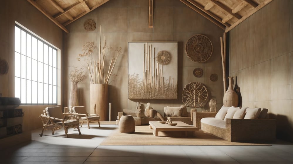 Casa rústica brasileira com decoração natural, paredes em cimento queimado, uma escultura de bambu