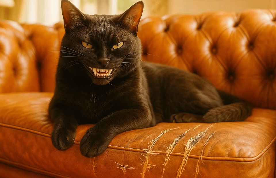 Un chat noir sur un canapé en cuir avec un sourire maléfique pour la journée du chat noir.