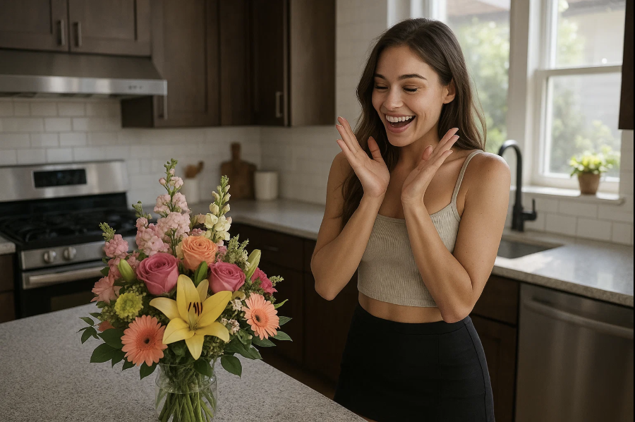 Une femme reçoit un bouquet de fleures pour la journée nationale de la petite amie.