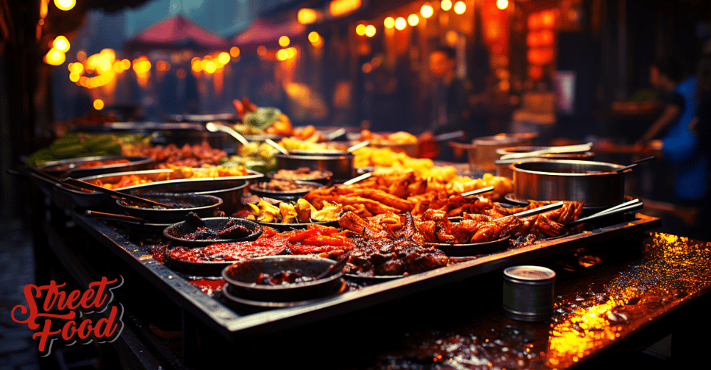 a street food table with different types of food