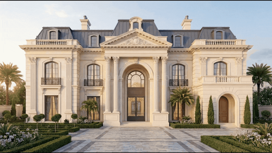 an abstract photo of a curved building with a blue sky in the background